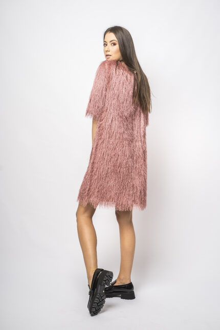 Sparkling pink CHUPA short sleeve dress with fluttering fringe.