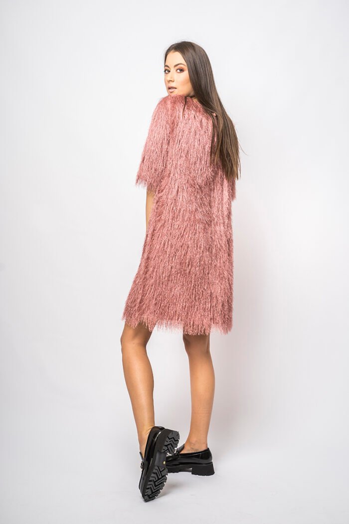 Sparkling pink CHUPA short sleeve dress with fluttering fringe.