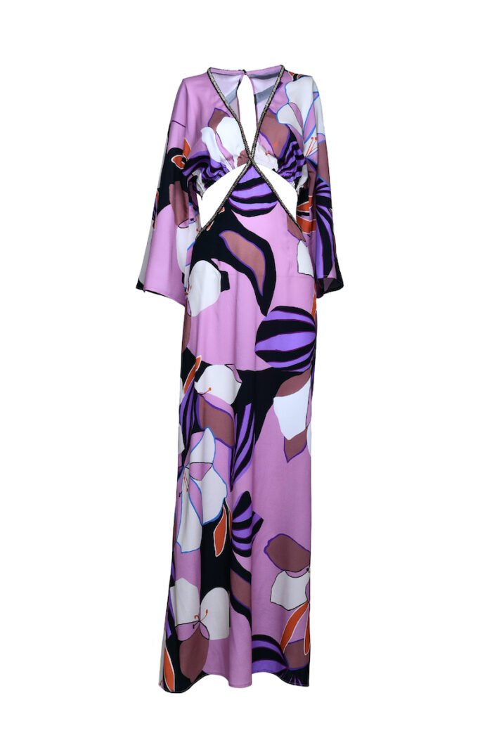 Colorful, patterned, floral dress with slits and kimono sleeves.