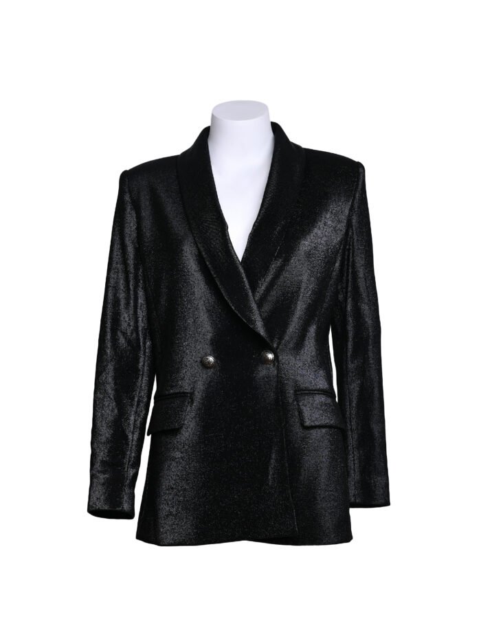 Black LETITIA blazer featuring sparkling squin pictured on ghost mannequin.