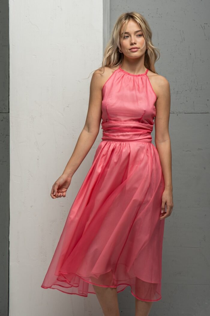 The blonde girl wears a pink BARBARA silk organdy skirt.