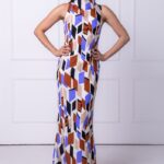 Aurora duga haljina bez rukava sa geometrijskim dezenom u crnoj, ljubičastoj, bež i braon boji.