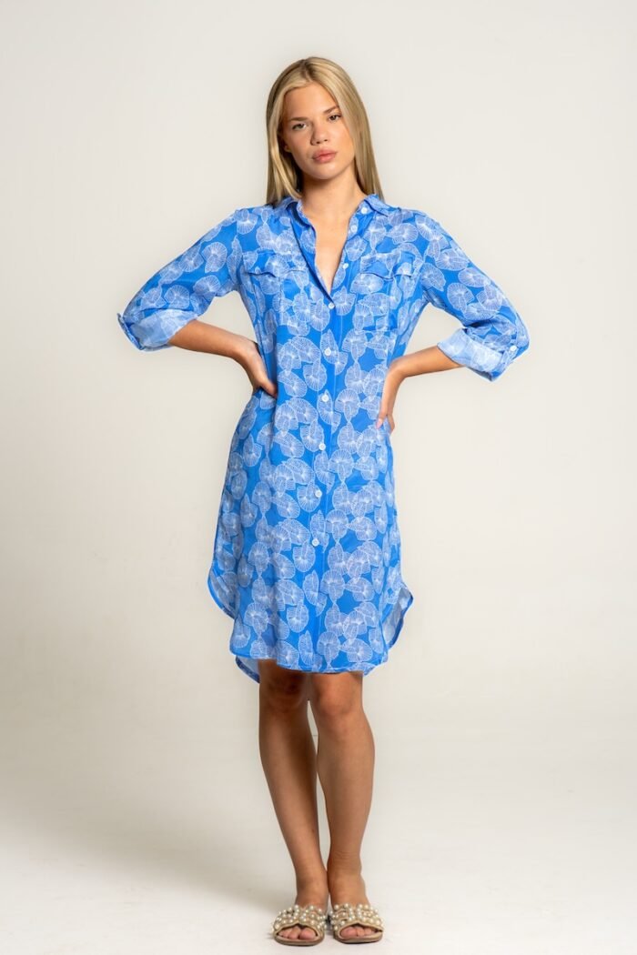 The girl wears a blue and white shirt-dress.