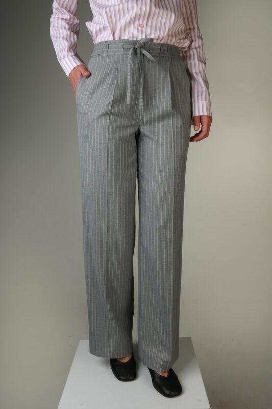 Gray pants with white stripes.