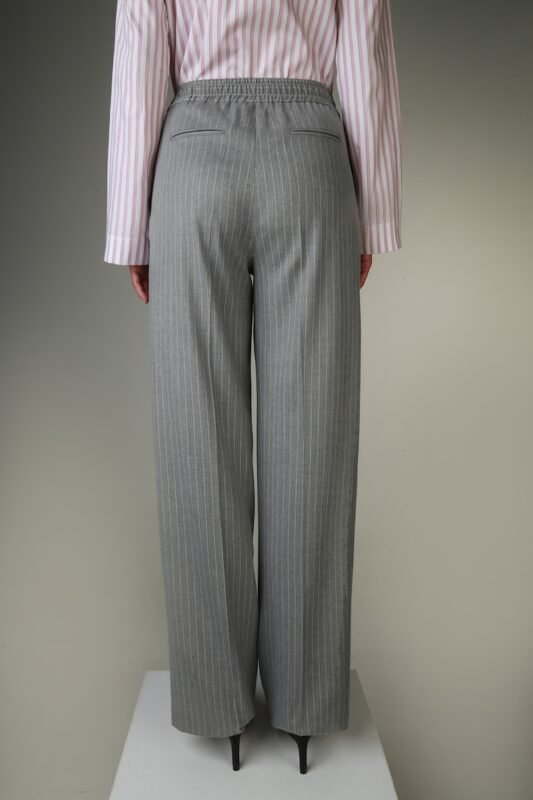 Gray pants with white stripes.