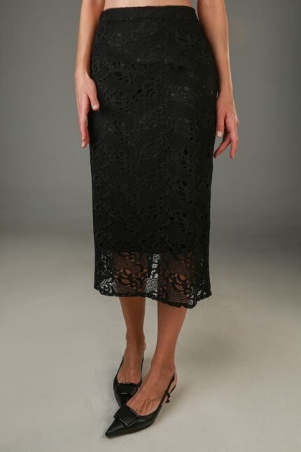 Midi slim black lace skirt.