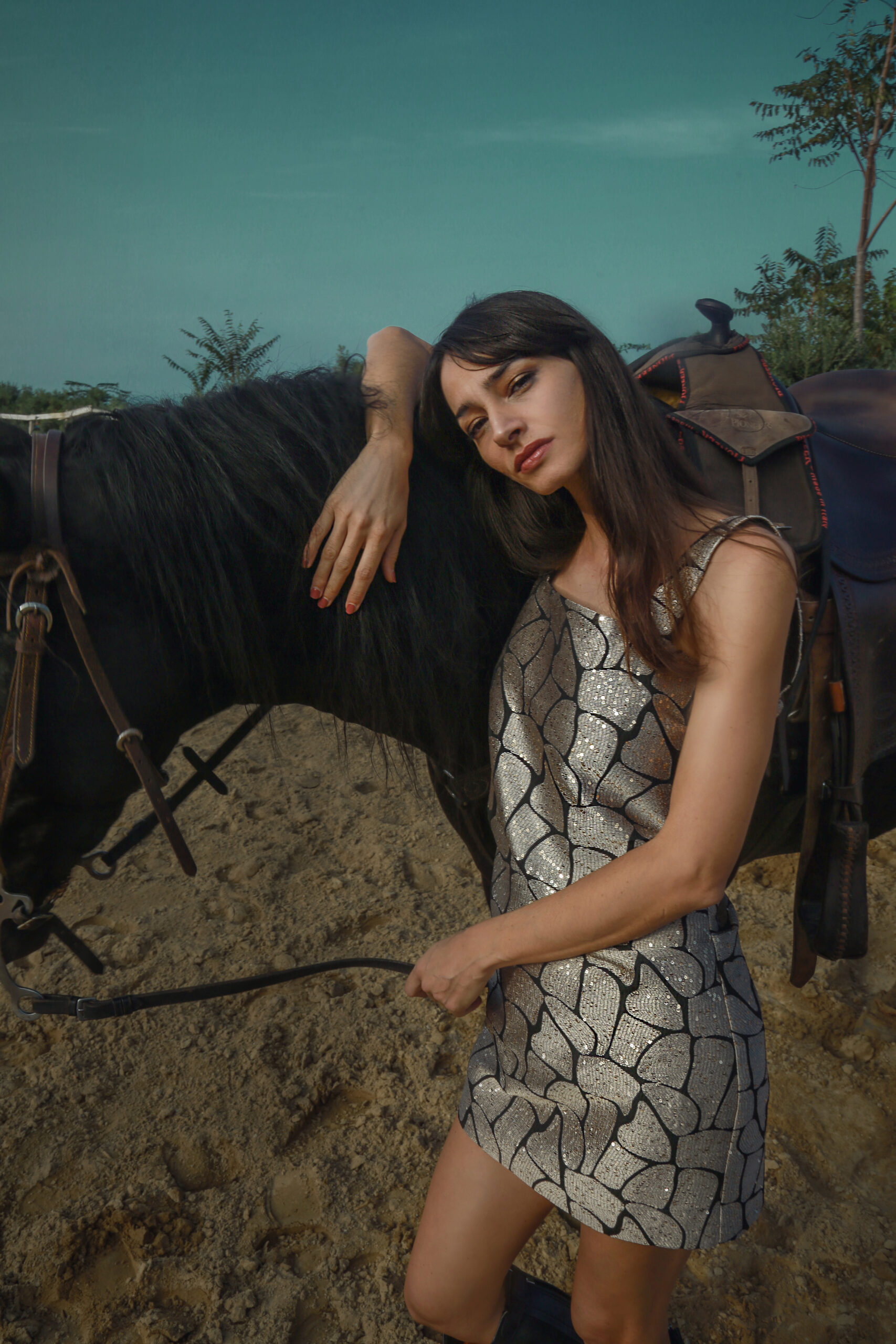 Woman wearing dress photographed next to a horse.