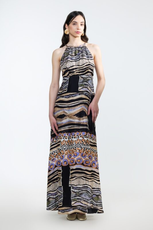 HELENA dress made of printed silk, photographed from the front
