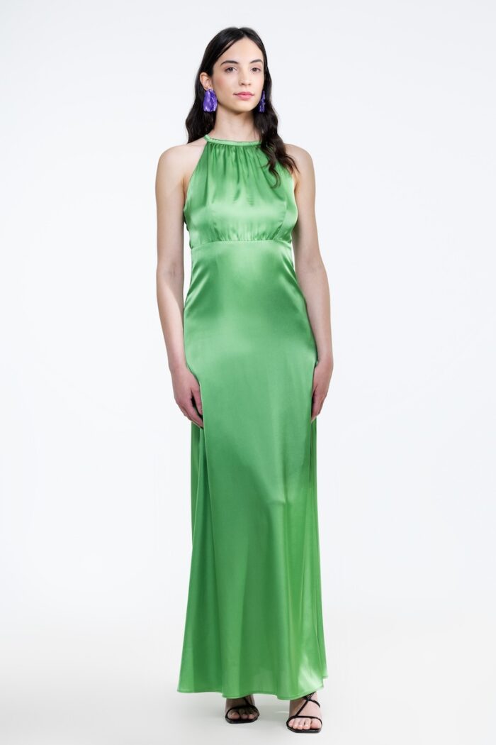 HELENA dress in green satin, photographed from the front.