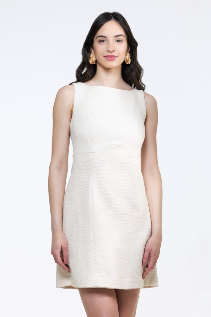 Short IVY dress made of ecru cotton bouclé, photographed from the front.