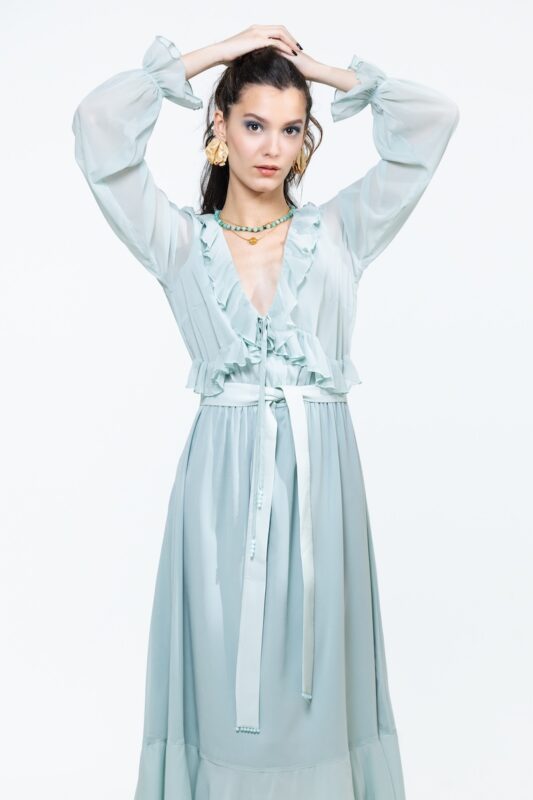 MIONA flowy turquoise dress, photographed from the front.