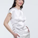NATASHA blouse in white satin, photographed from the front.