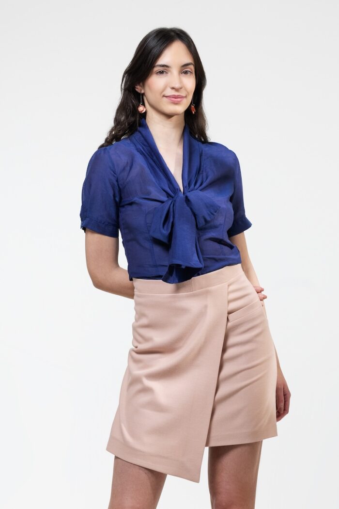 TARA blouse in blue, photographed from the front.