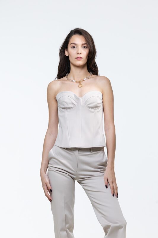 VANJA beige twill corset, photographed from the front.