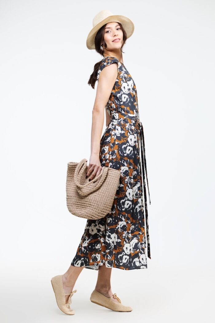 VITA brown patterned dress, photographed from the front.