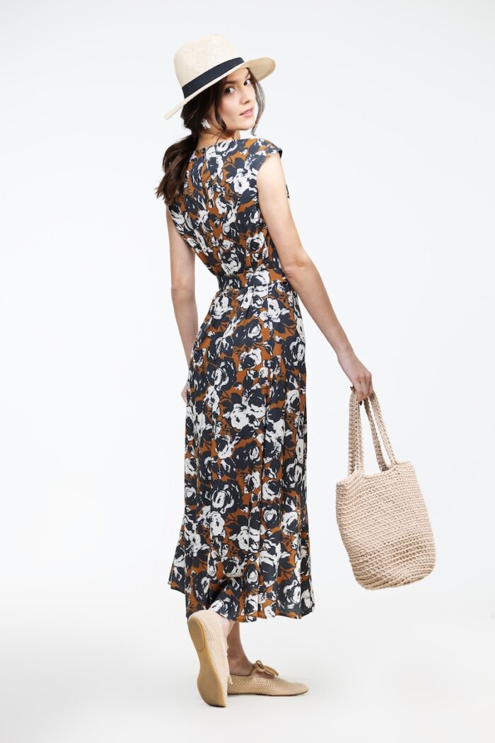 VITA brown patterned dress, photographed from the front.