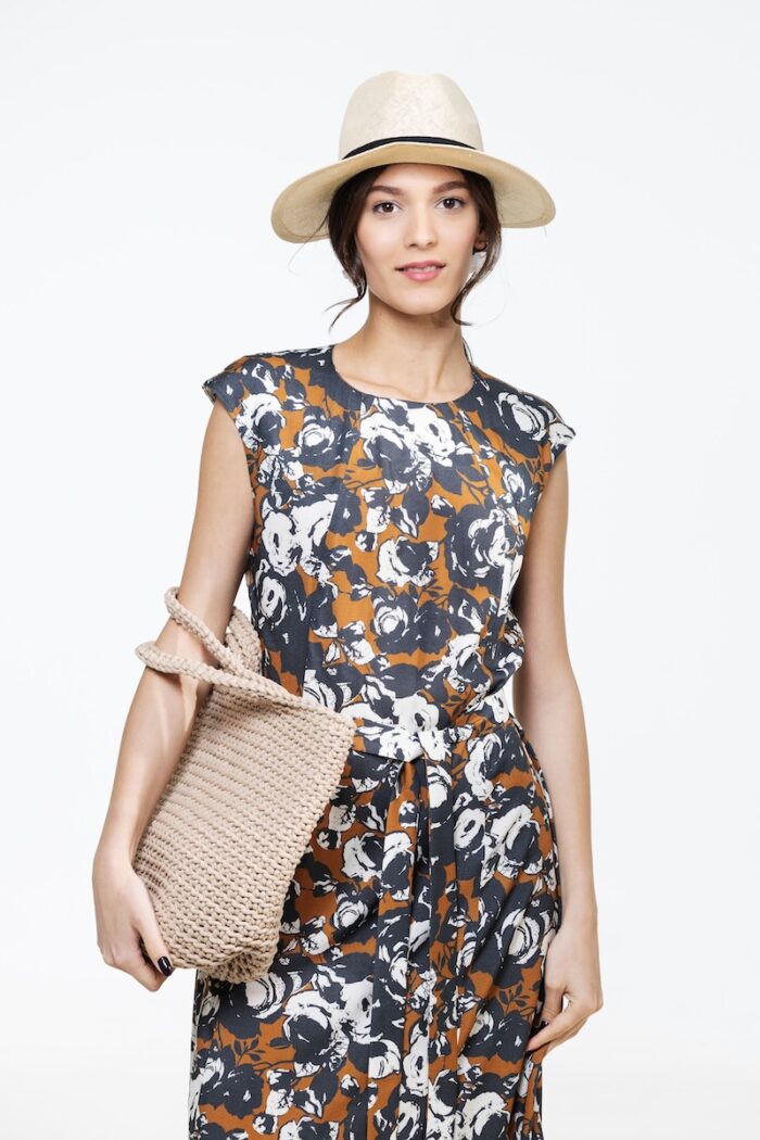 VITA brown patterned dress, photographed from the front