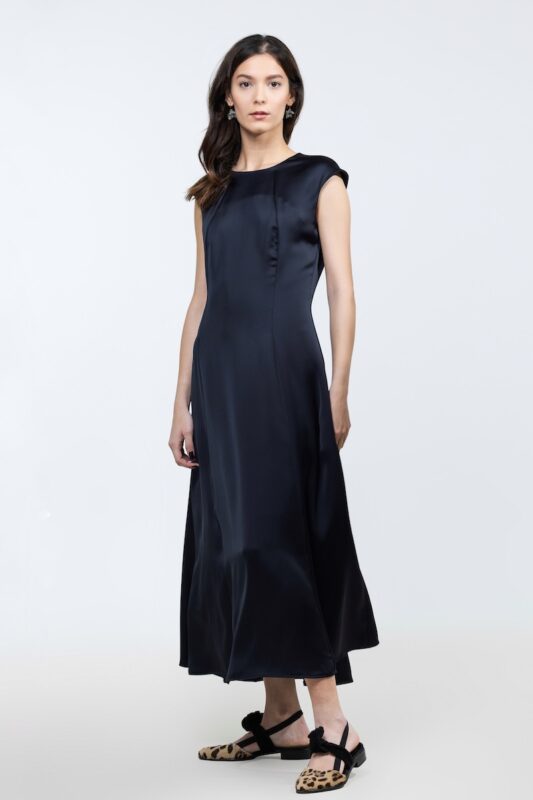 VITA dress in black satin, photographed from the front.