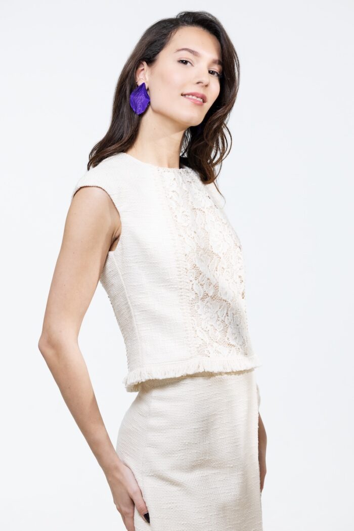 VIVA ecru bouclé cotton top, photographed from the front.