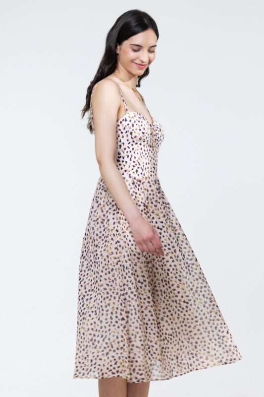 ZONA dress in animal print, photographed from the side