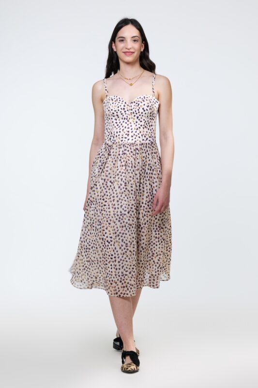 ZONA dress in animal print, photographed from the front